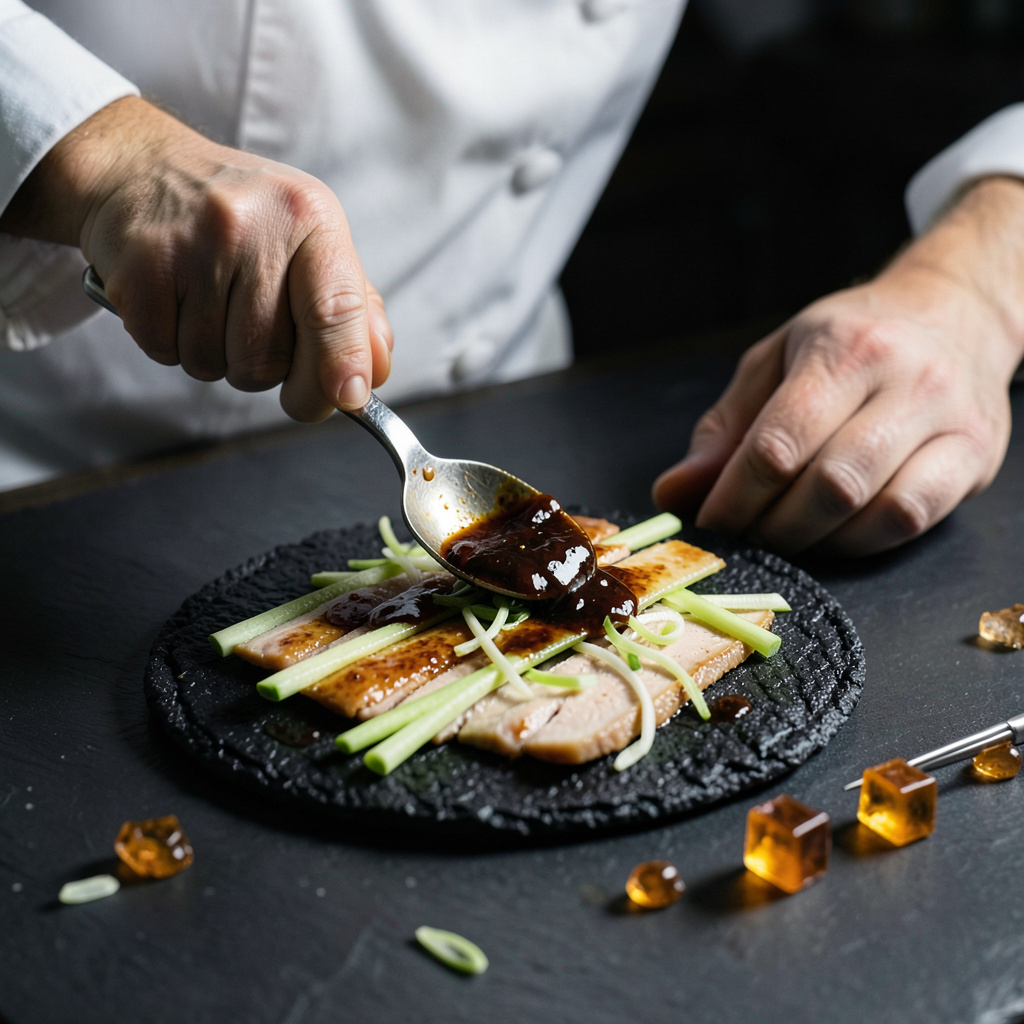 Salsa hoisin artesana reduciéndose con pasta de soja fermentada, azúcar moreno y aceite de sésamo
