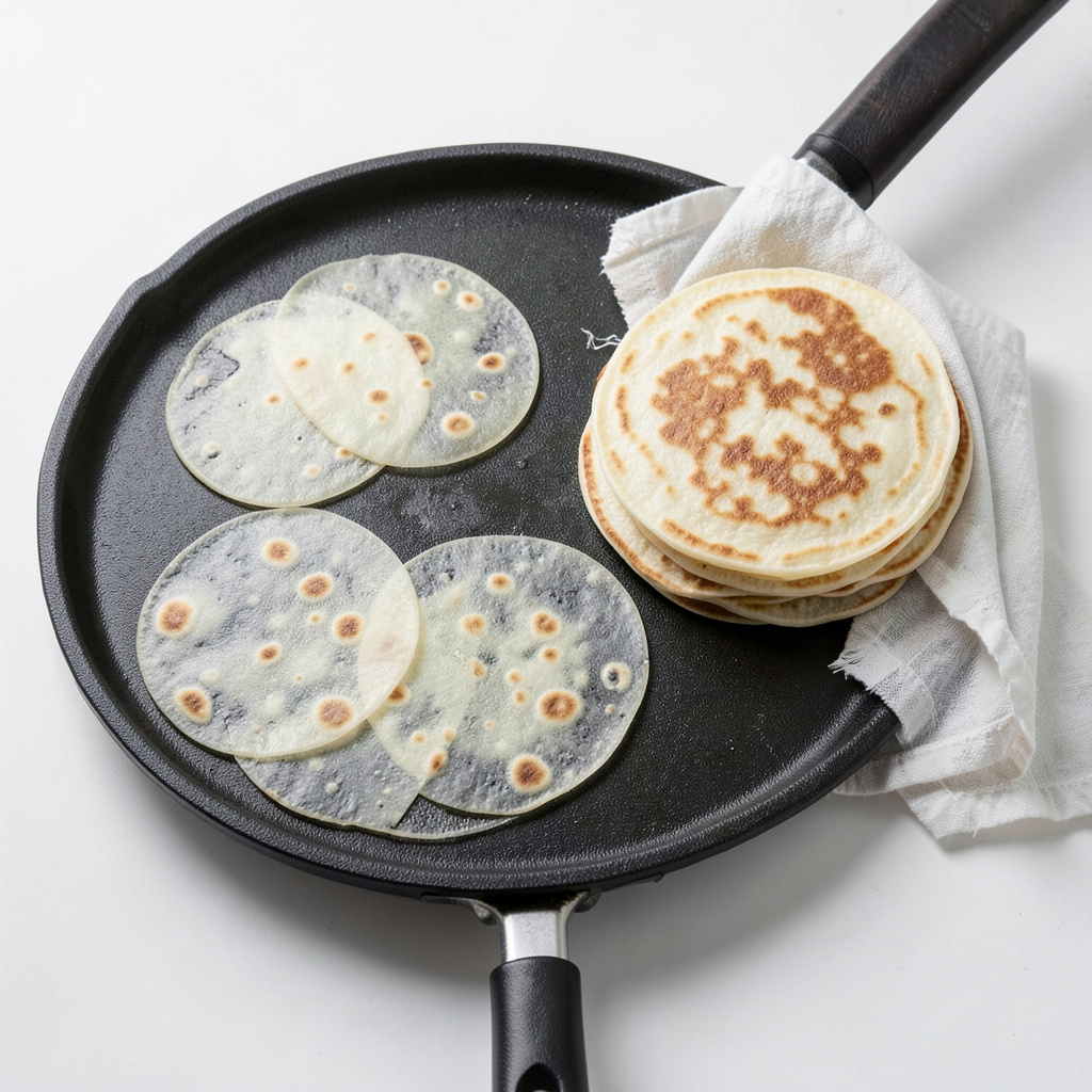 Pancakes finos de harina de arroz cocinándose en plancha con pila tapada