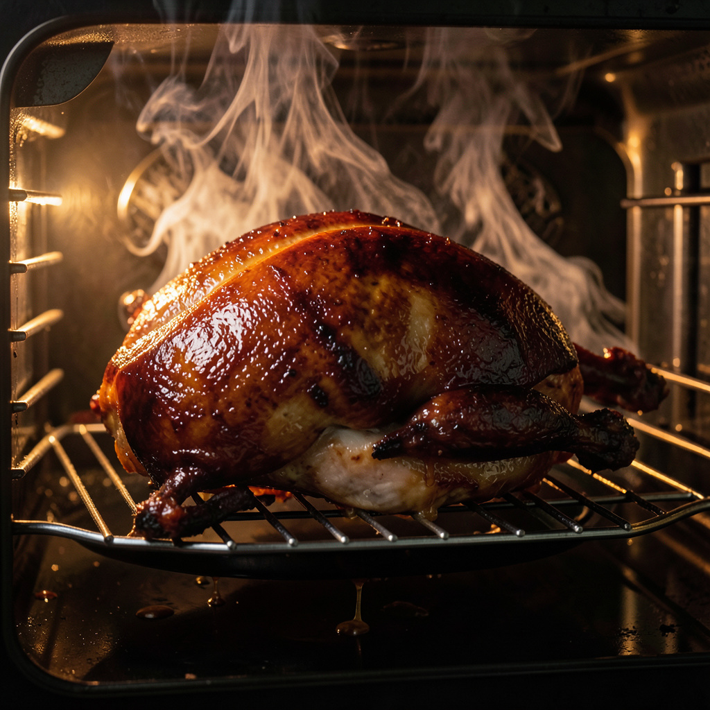 Pato entero asándose en horno a 240°C, piel caoba brillante