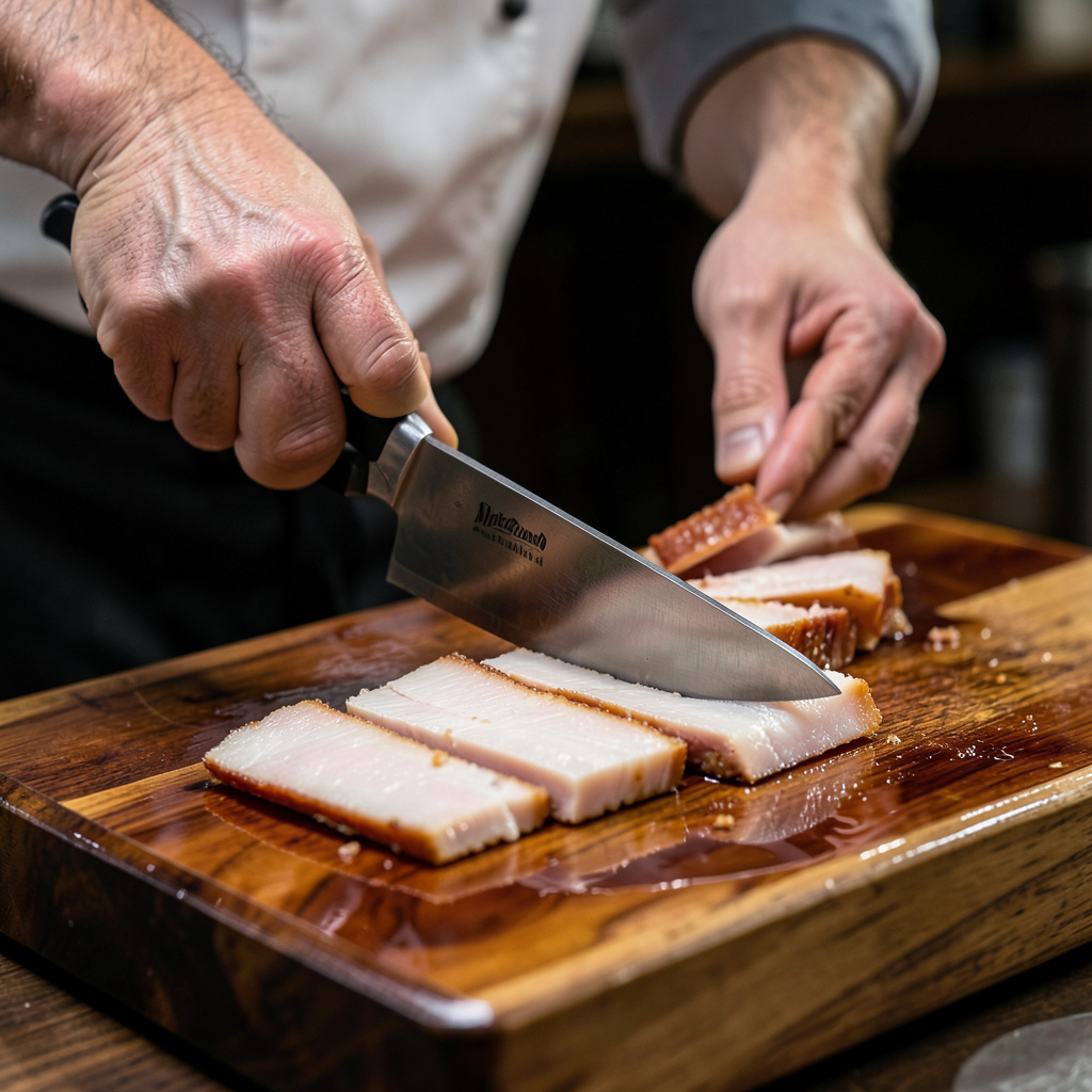 Chef trinchando el pato en lonchas con cuchillo japonés