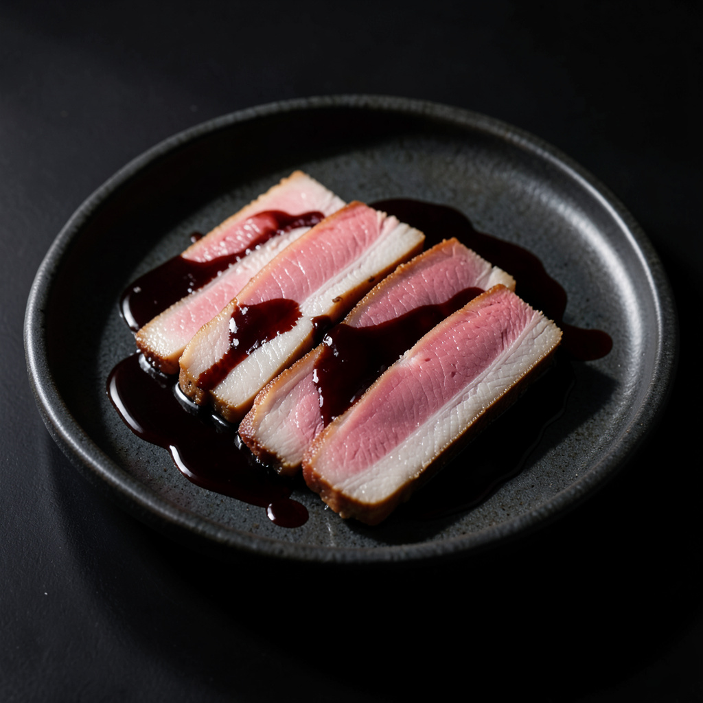 Lonchas de pechuga rosada en cuenco negro con jugo oscuro brillante