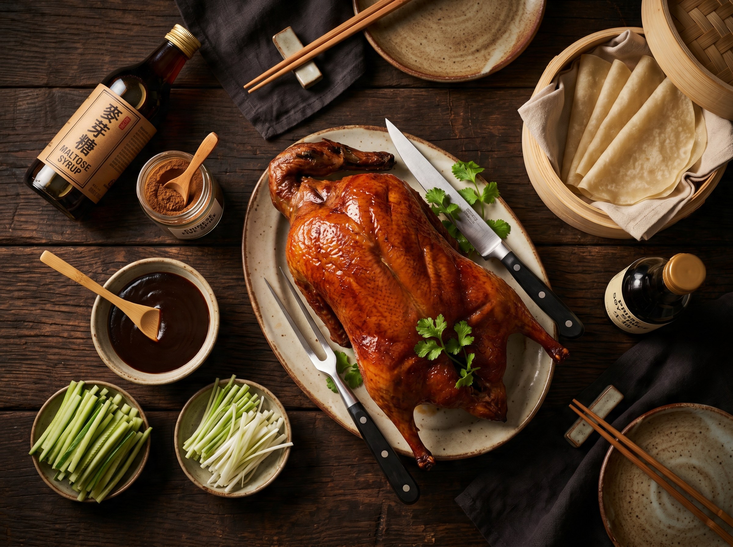 Pato Pekín entero lacado y asado con piel caoba brillante junto a pancakes, hoisin, cebolleta y maltosa — resultado del asado