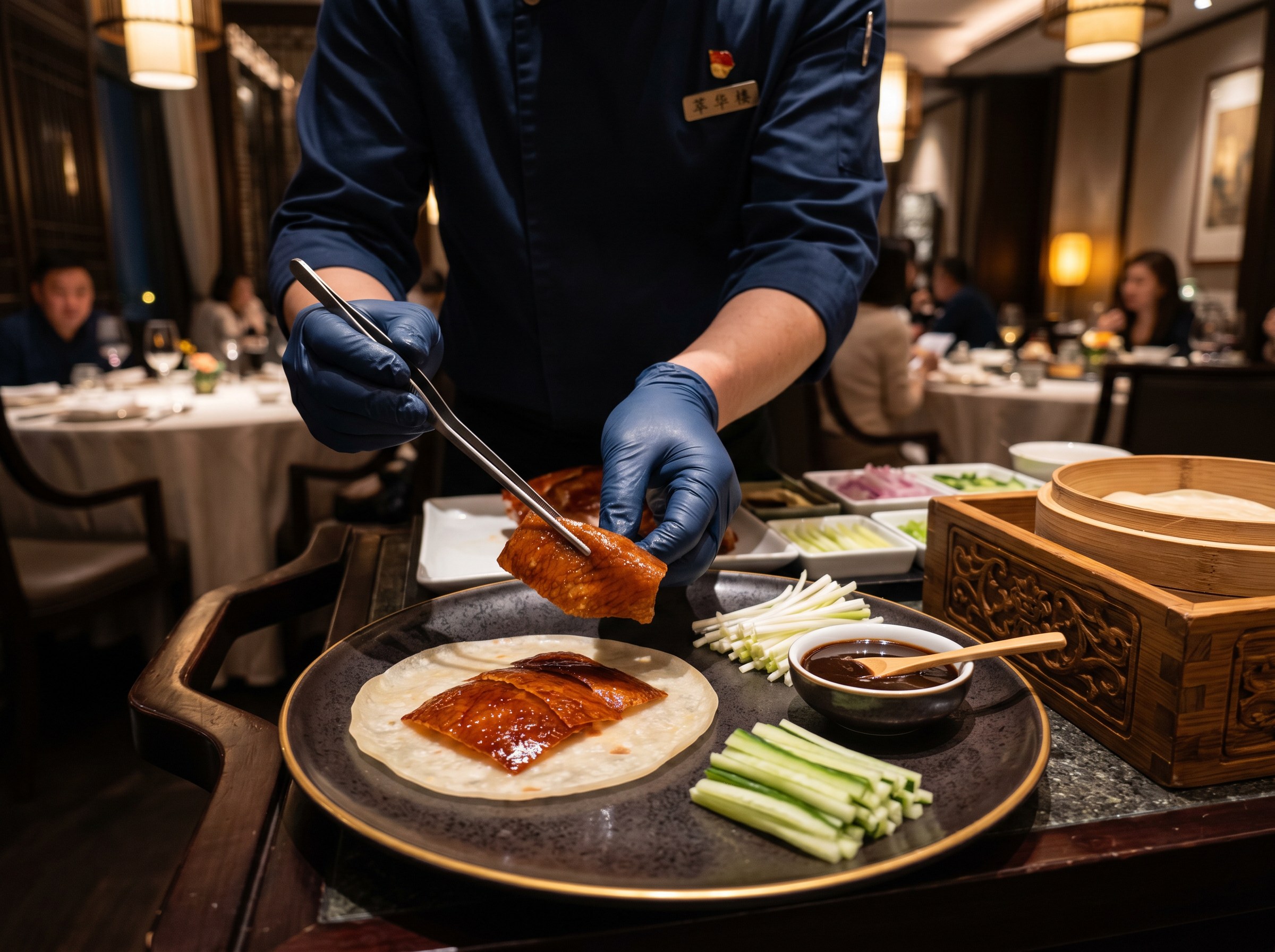 Chef colocando láminas de piel crujiente caoba sobre pancake con salsa hoisin, pepino y cebolleta — emplatado en restaurante