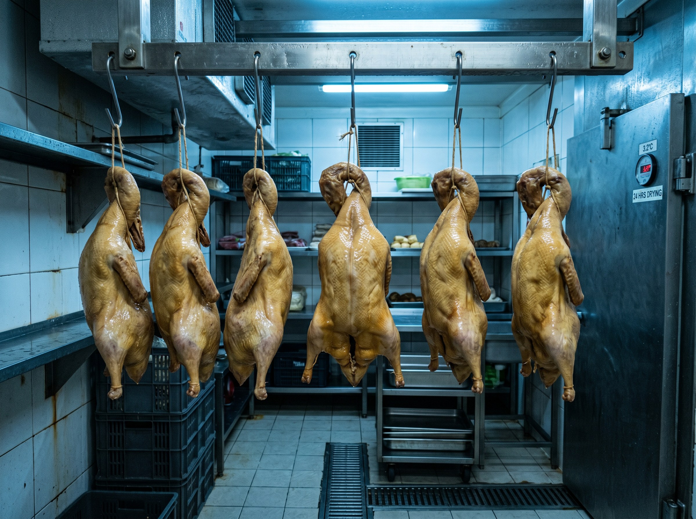 Patos de Pekín colgados en cámara frigorífica durante 24 horas — secado tradicional previo al lacado en restaurante de Beijing