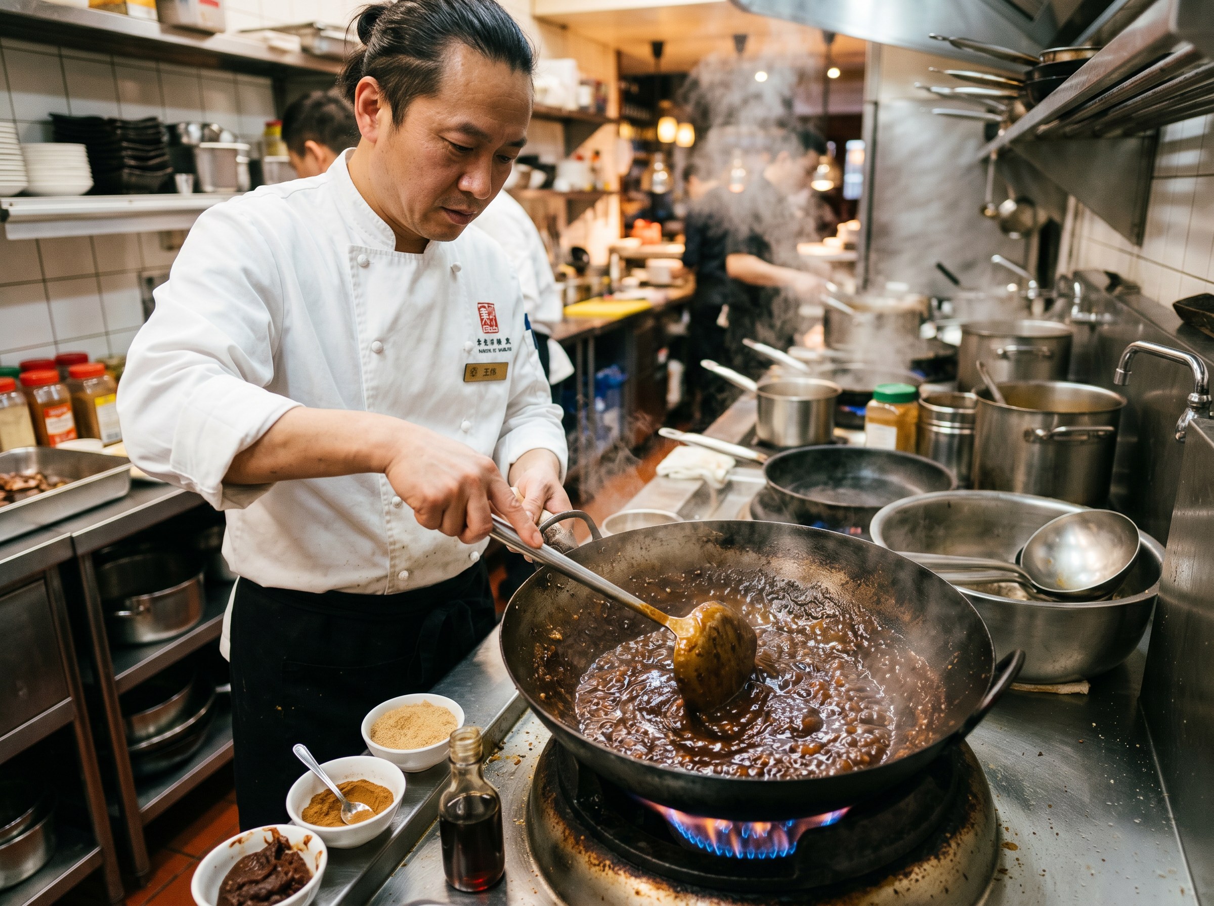 Chef chino preparando salsa hoisin artesana en wok a llama alta con pasta de soja fermentada, aceite de sésamo y especias