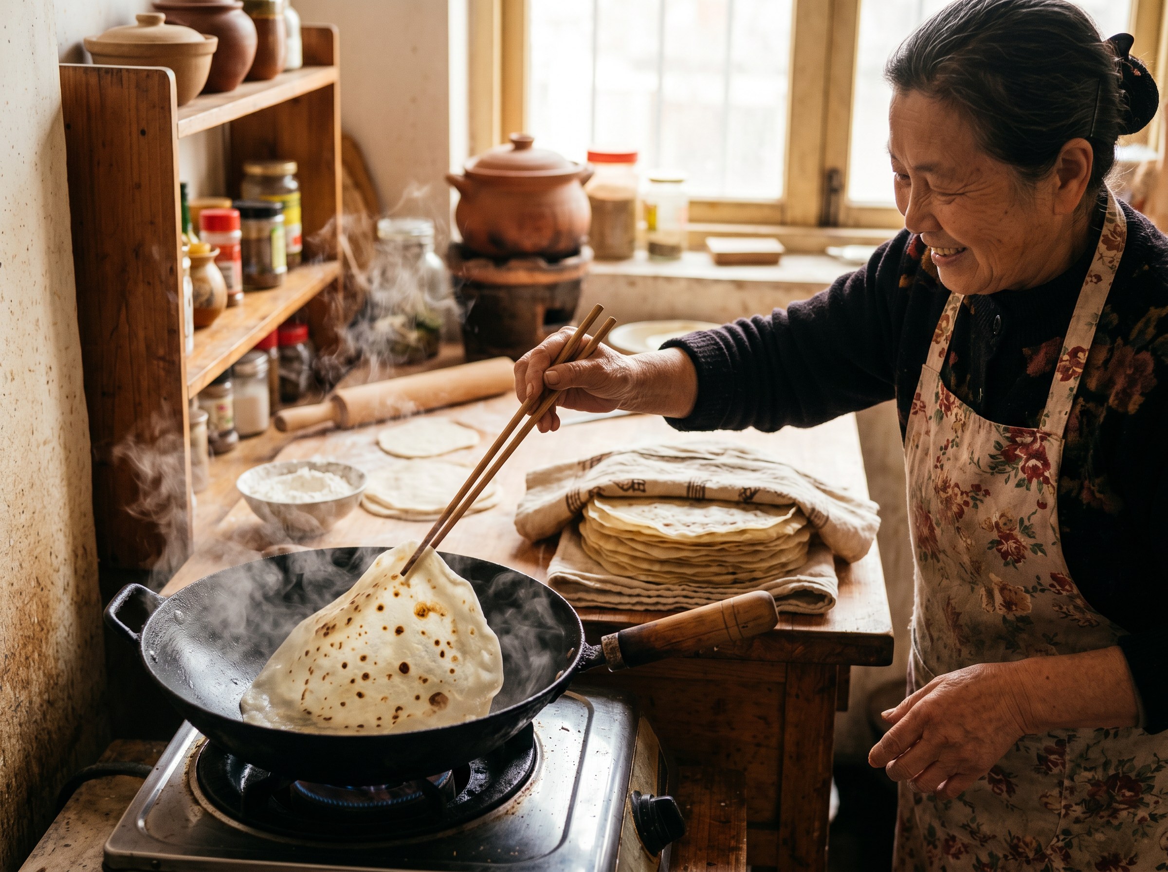 Abuela china haciendo pancakes mandarin con palillos en wok de hierro — pila de pancakes finos y elásticos sobre la mesa