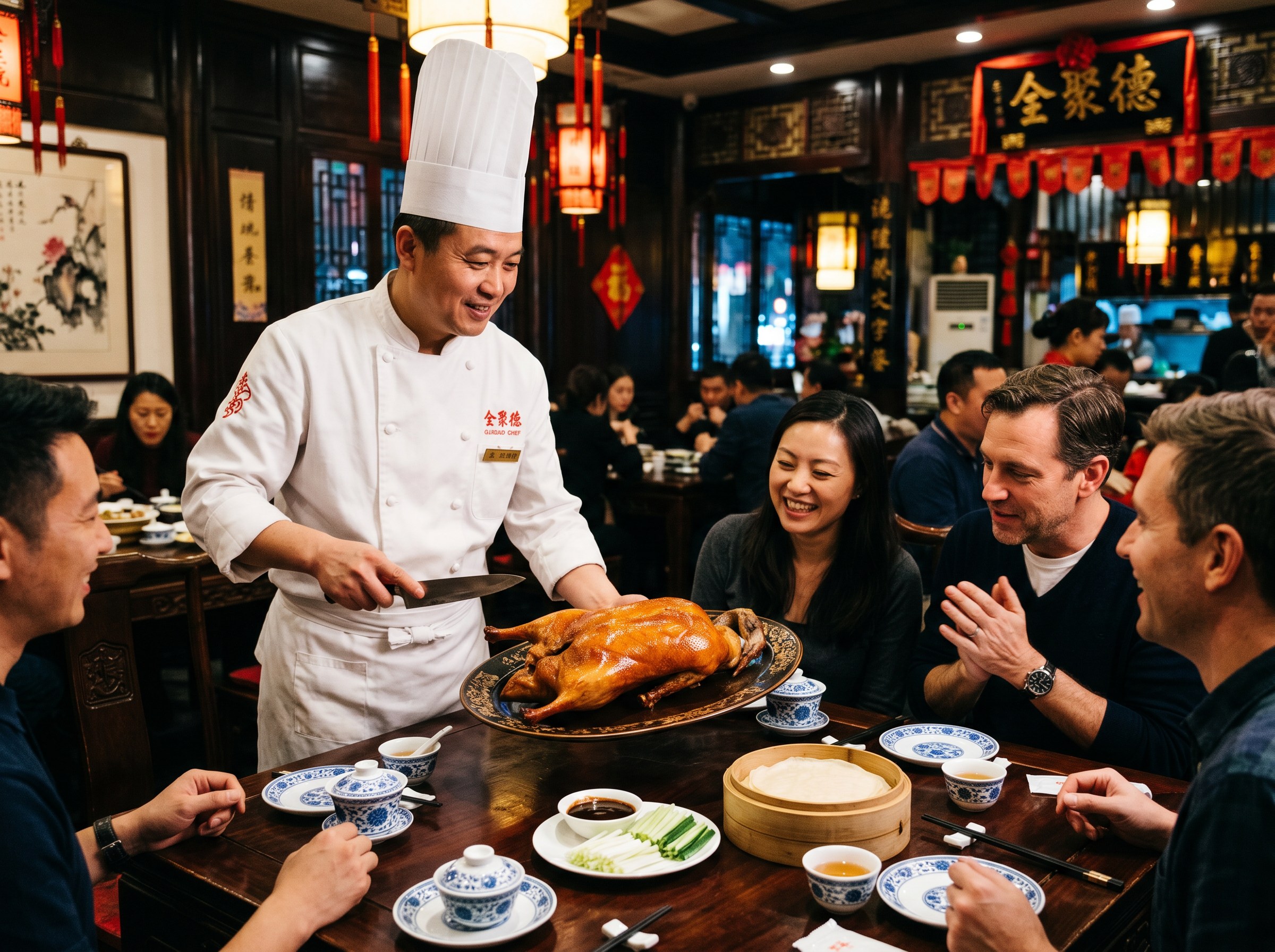 Chef del restaurante Quanjude (全聚德) de Beijing presentando el pato Pekín entero lacado a los comensales — servicio ceremonial en sala