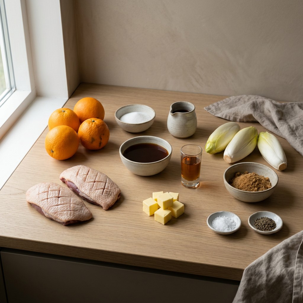 Mise en place: pechugas de pato salvaje, naranjas, endivias, azúcar y vinagre sobre superficie neutra