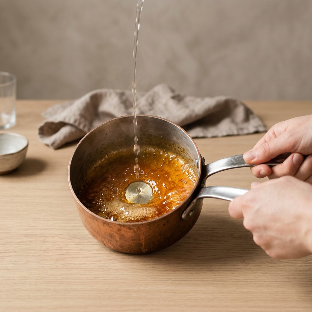 Caramelo ámbar desglasado con vinagre para el gastrique de la salsa bigarade