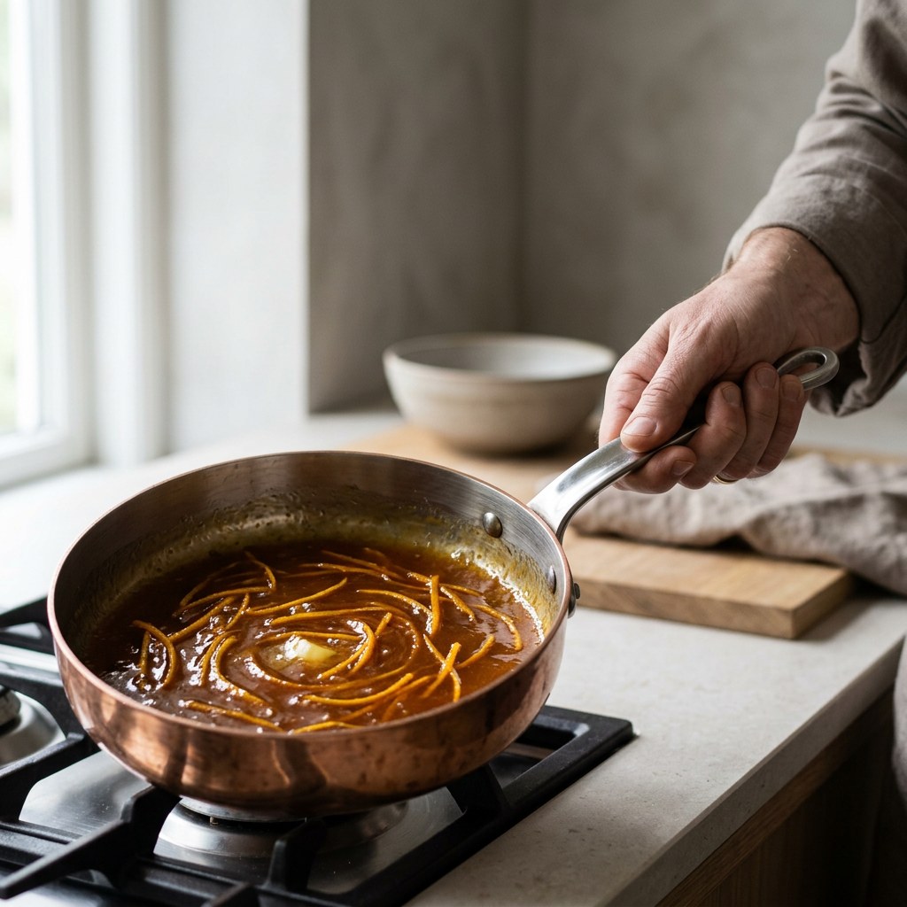 Salsa a la naranja brillante montada con mantequilla y juliana de piel
