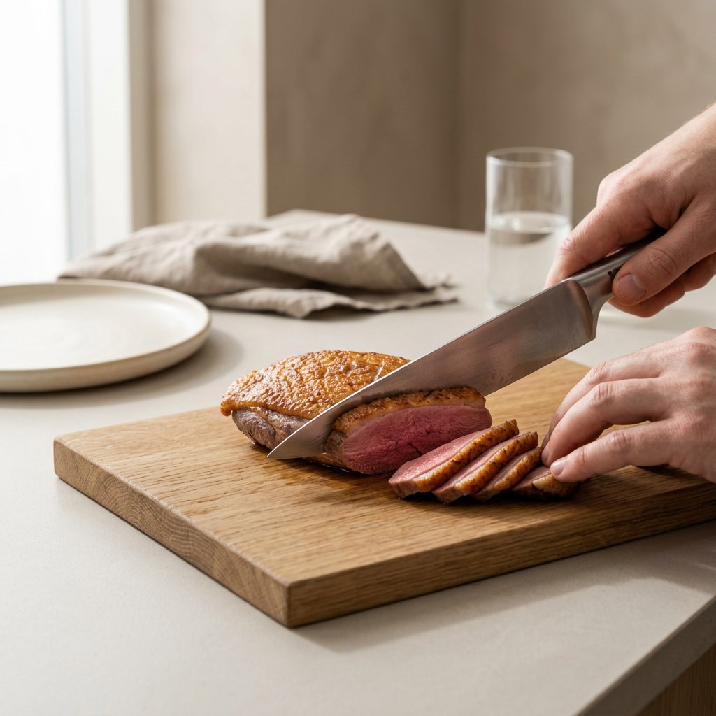 Pechuga de pato laminada en lonchas diagonales mostrando la carne rosada