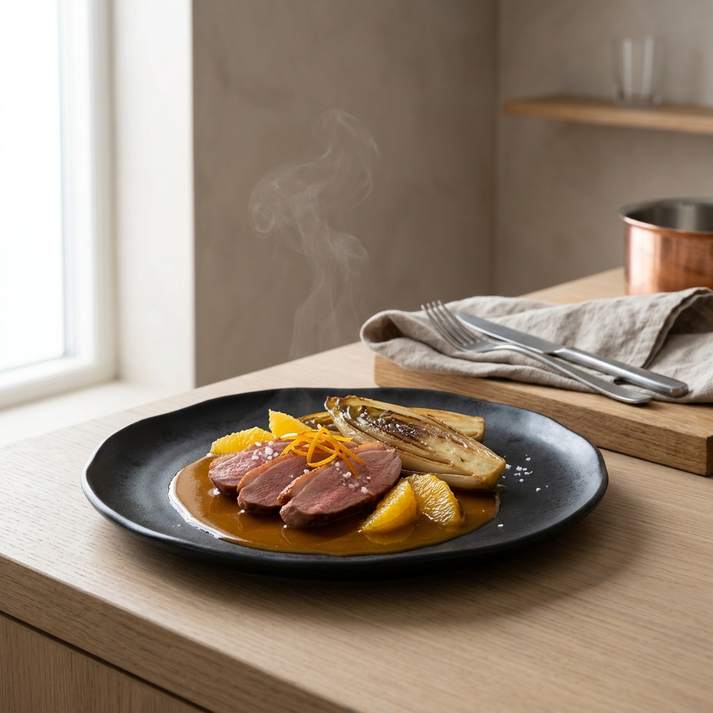 Wild duck breast fanned in slices over glossy orange bigarade sauce with caramelized endive halves on a dark ceramic plate, soft left window light, fine dining presentation
