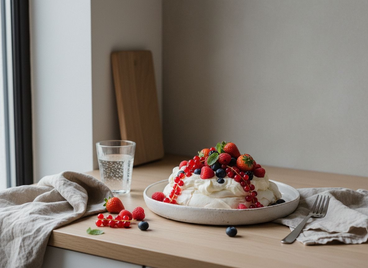 Pavlova de merengue blanco coronada con nata montada y abundantes frutos rojos frescos, sobre plato blanco hueso, superficie crujiente y craquelada, luz natural suave desde la izquierda.