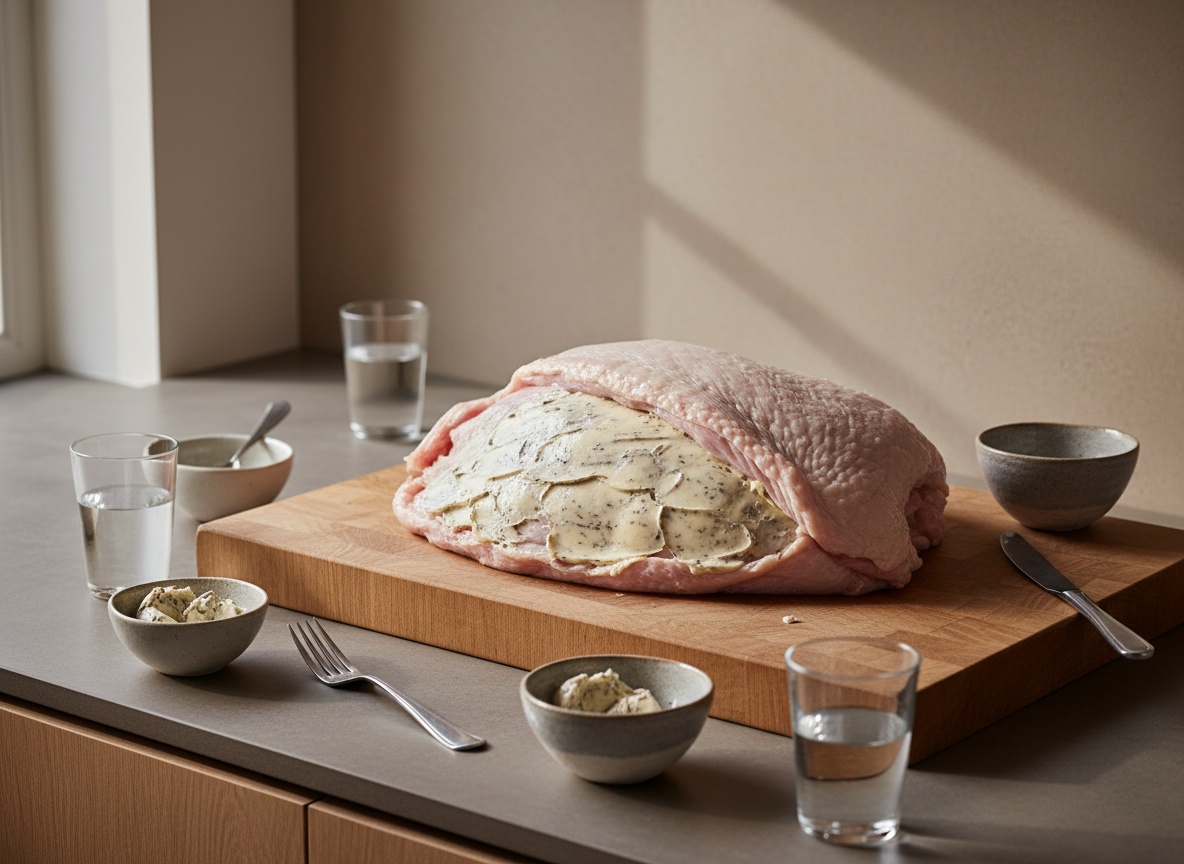 Mantequilla trufada extendiéndose bajo la piel de la pechuga del pavo, repartida desde fuera con la palma de la mano