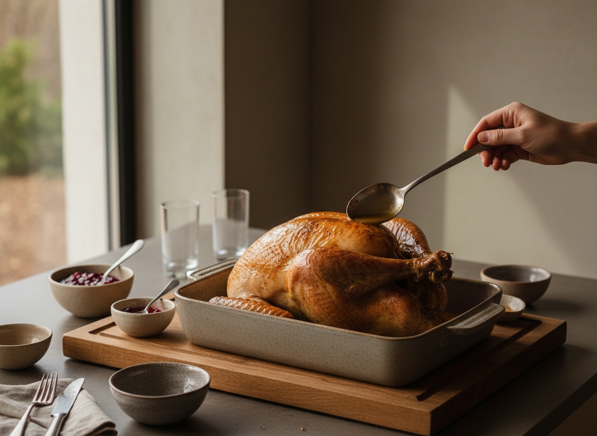 Pavo asándose con la piel dorada y tirante, regándose con los jugos de la bandeja con cuchara larga
