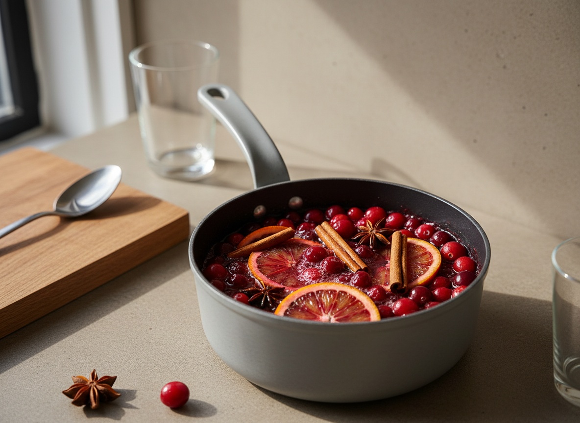 Salsa de arándanos rojos cociendo en el cazo con naranja sanguina, canela en rama y anís estrellado, con los frutos reventando