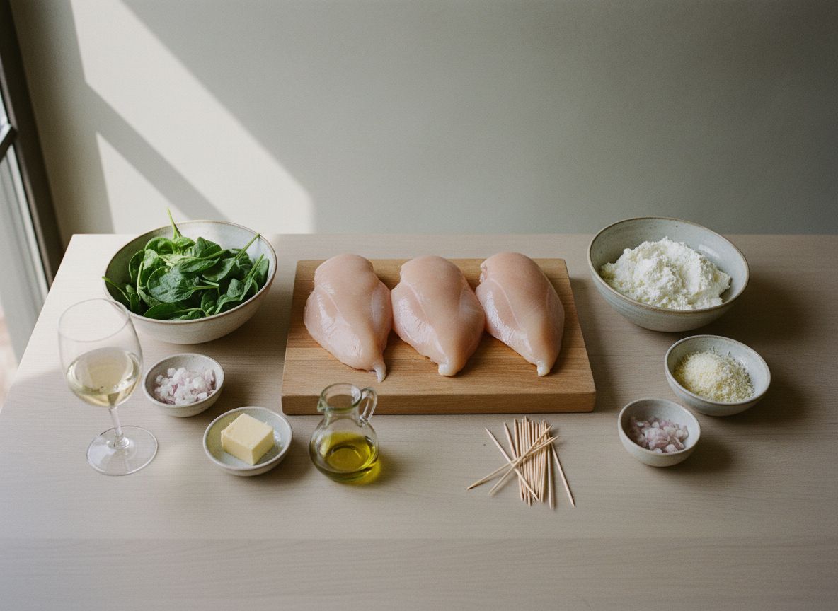 Mise en place de la pechuga rellena: pechugas de pollo de corral, espinaca fresca en hoja, ricotta de oveja, cuña de parmigiano, mozzarella de búfala, chalota, limón, nuez moscada y piñones