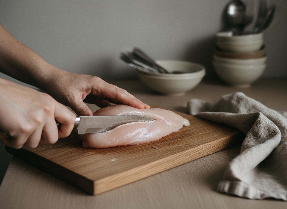 Cuchillo pequeño abriendo un bolsillo horizontal en el lado grueso de la pechuga de pollo sobre la tabla de roble