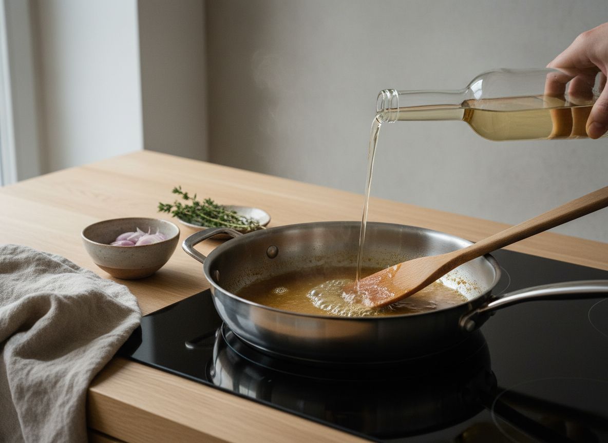 Salsa de sartén montándose con dados de mantequilla fría tras desglasar con vino blanco