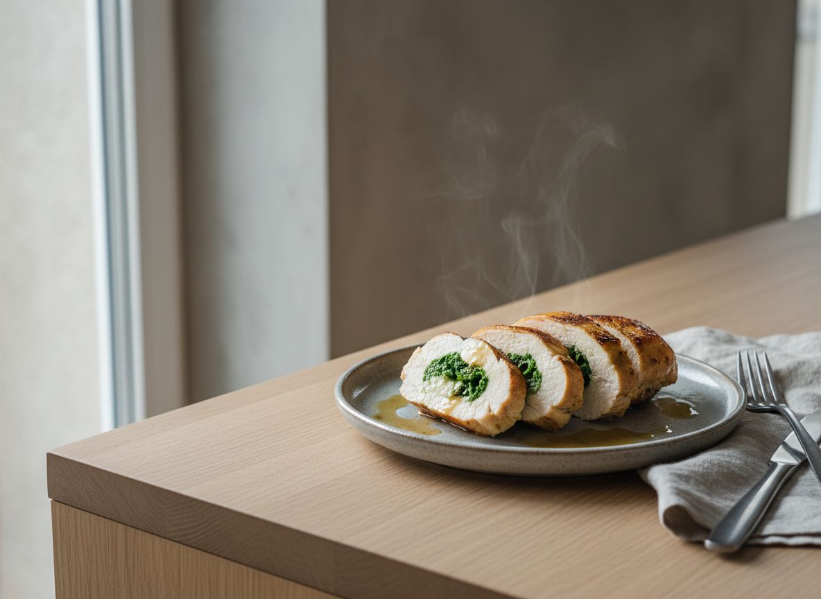 Pechuga de pollo rellena de espinaca y queso cortada en rodajas gruesas sobre plato de cerámica gris piedra: corte mostrando el relleno verde y blanco de espinaca, ricotta y mozzarella, costra dorada por fuera, salsa de vino blanco alrededor, piñones tostados y escamas de sal