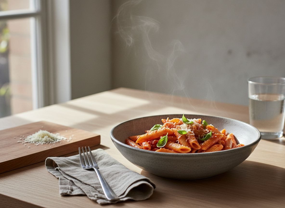 Penne all'arrabbiata en salsa de tomate roja y brillante en cuenco de cerámica gris piedra, con guindilla, albahaca fresca y queso rallado, con un ligero vapor, luz natural suave desde la izquierda.