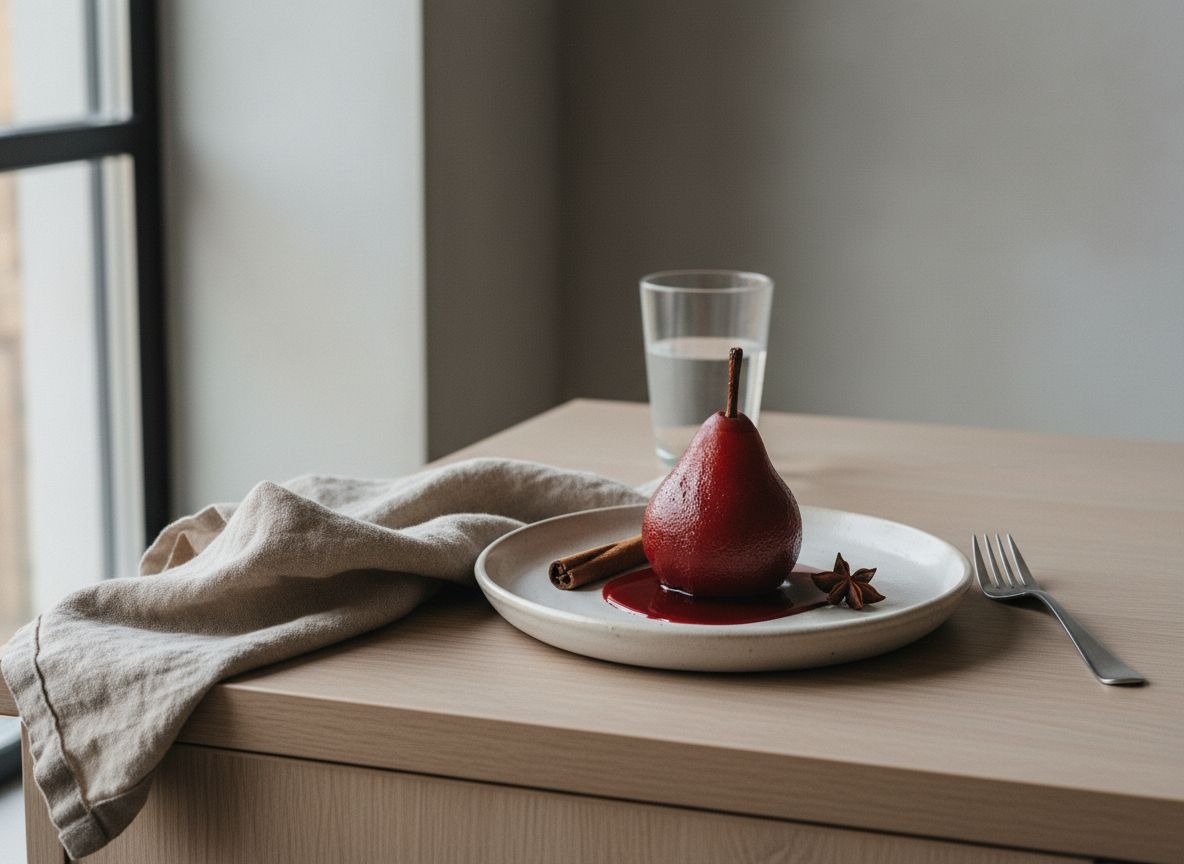 Pera entera teñida de granate por el vino tinto sobre plato blanco hueso, con un cordón de sirope brillante y una rama de canela y anís estrellado al lado, luz natural suave desde la izquierda.