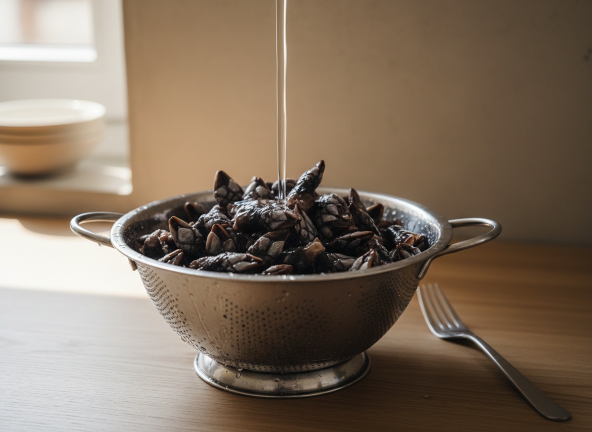 Percebes enjuagándose bajo un chorro de agua fría en un escurridor.