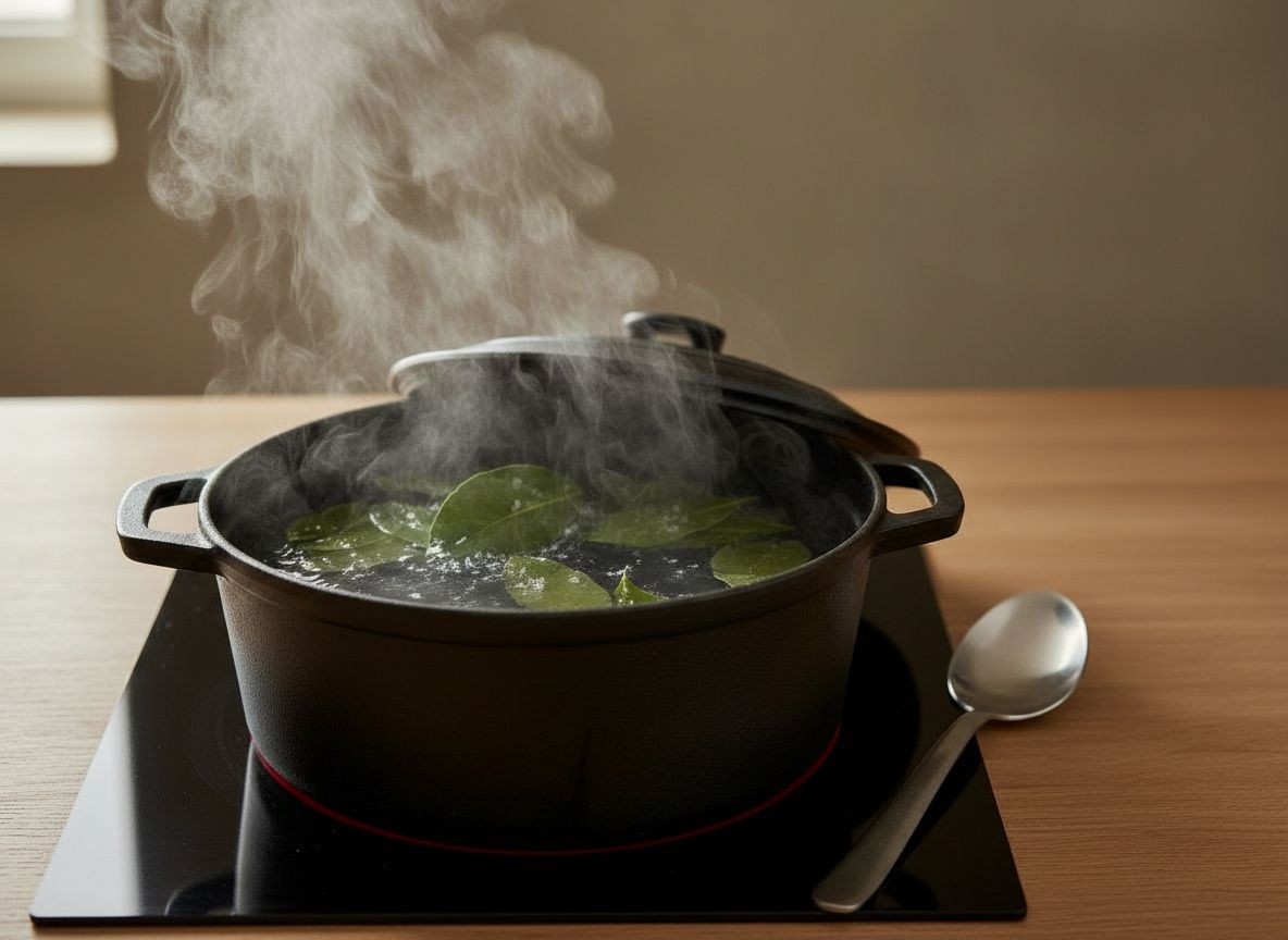 Vapor aromático saliendo de la olla tapada sobre la encimera de roble.