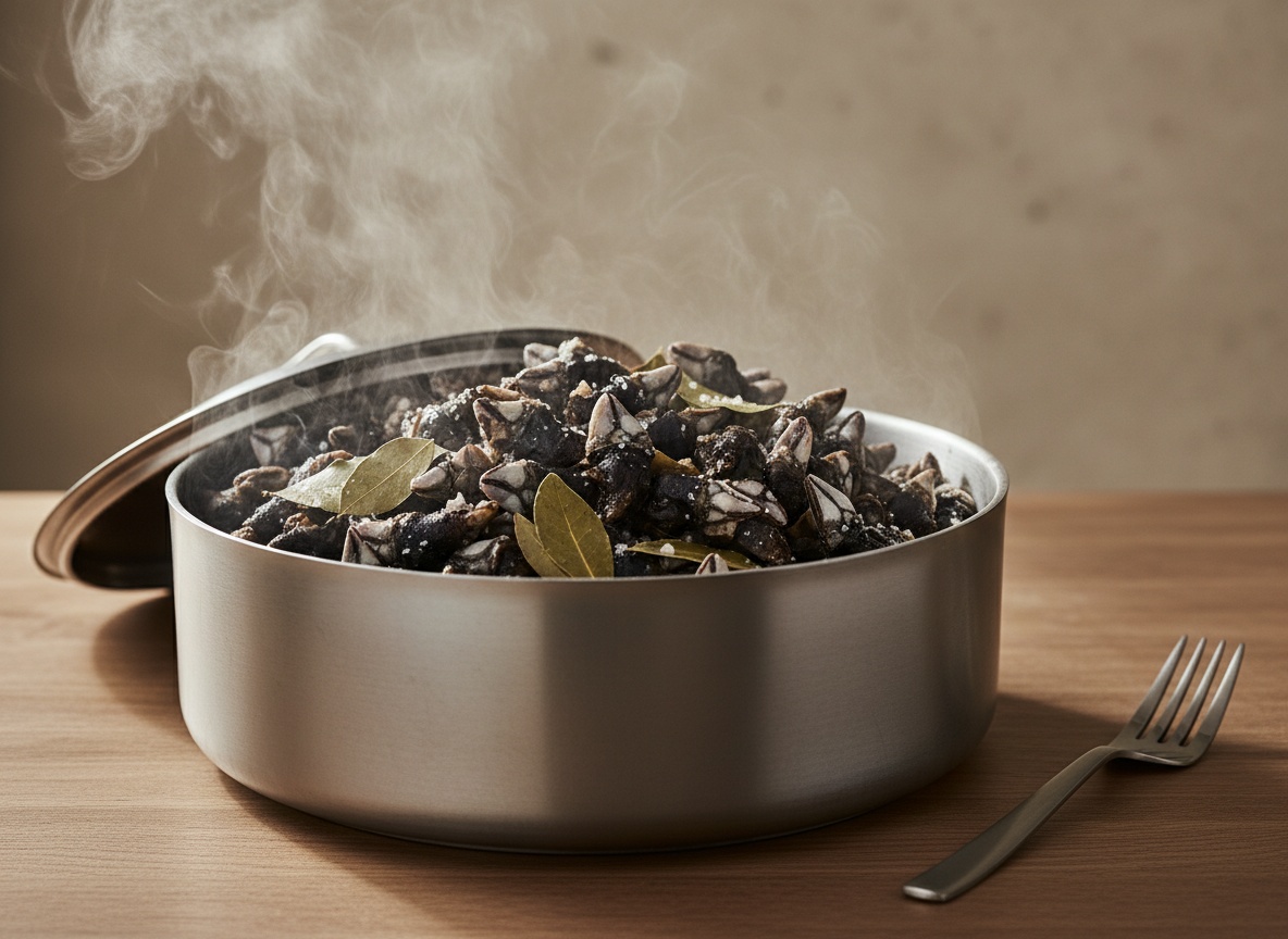Percebes envueltos en vapor dentro de la olla tapada.