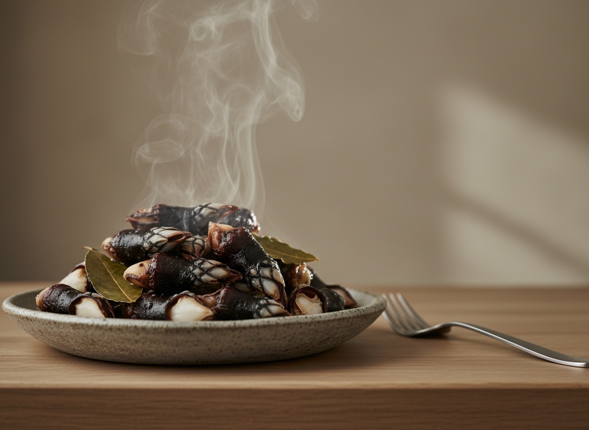 Percebes gallegos recién cocidos al vapor, humeantes y apilados en un cuenco de cerámica artesanal sobre tabla de roble, con hojas de laurel y luz natural.