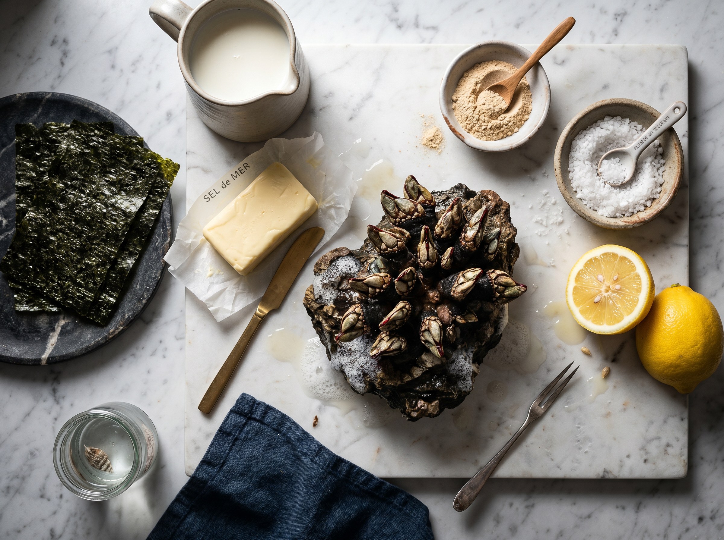 Ingredientes percebes: percebes de las Rías, nori, mantequilla, leche, lecitina de soja