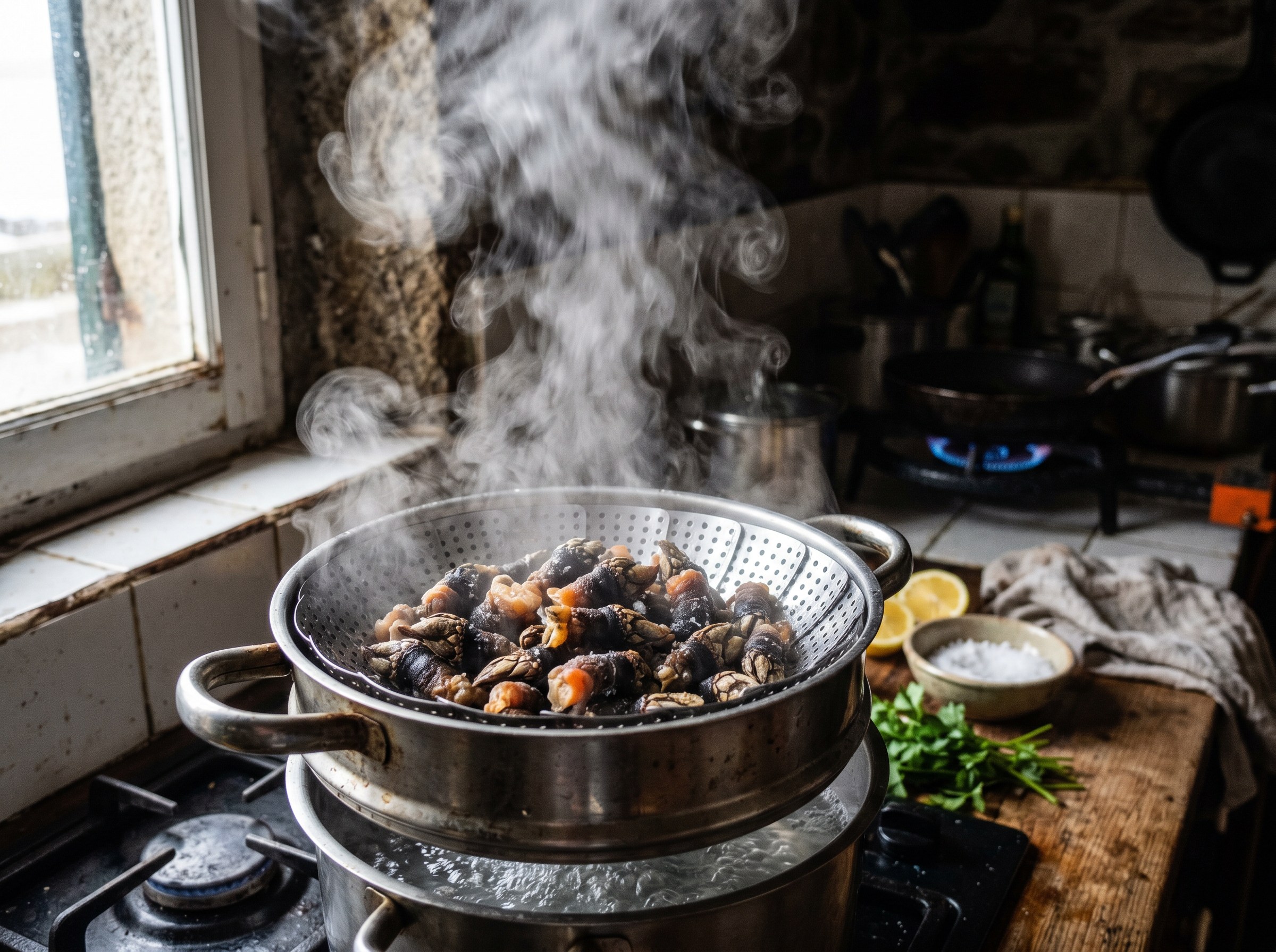 Percebes cociéndose al vapor de agua de mar exactamente 3 minutos