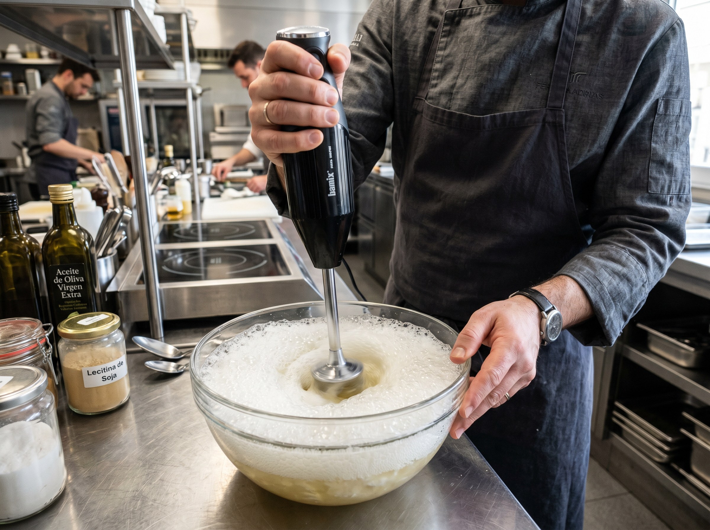 Espuma de mar siendo creada con lecitina de soja y agua de mar con batidora de mano