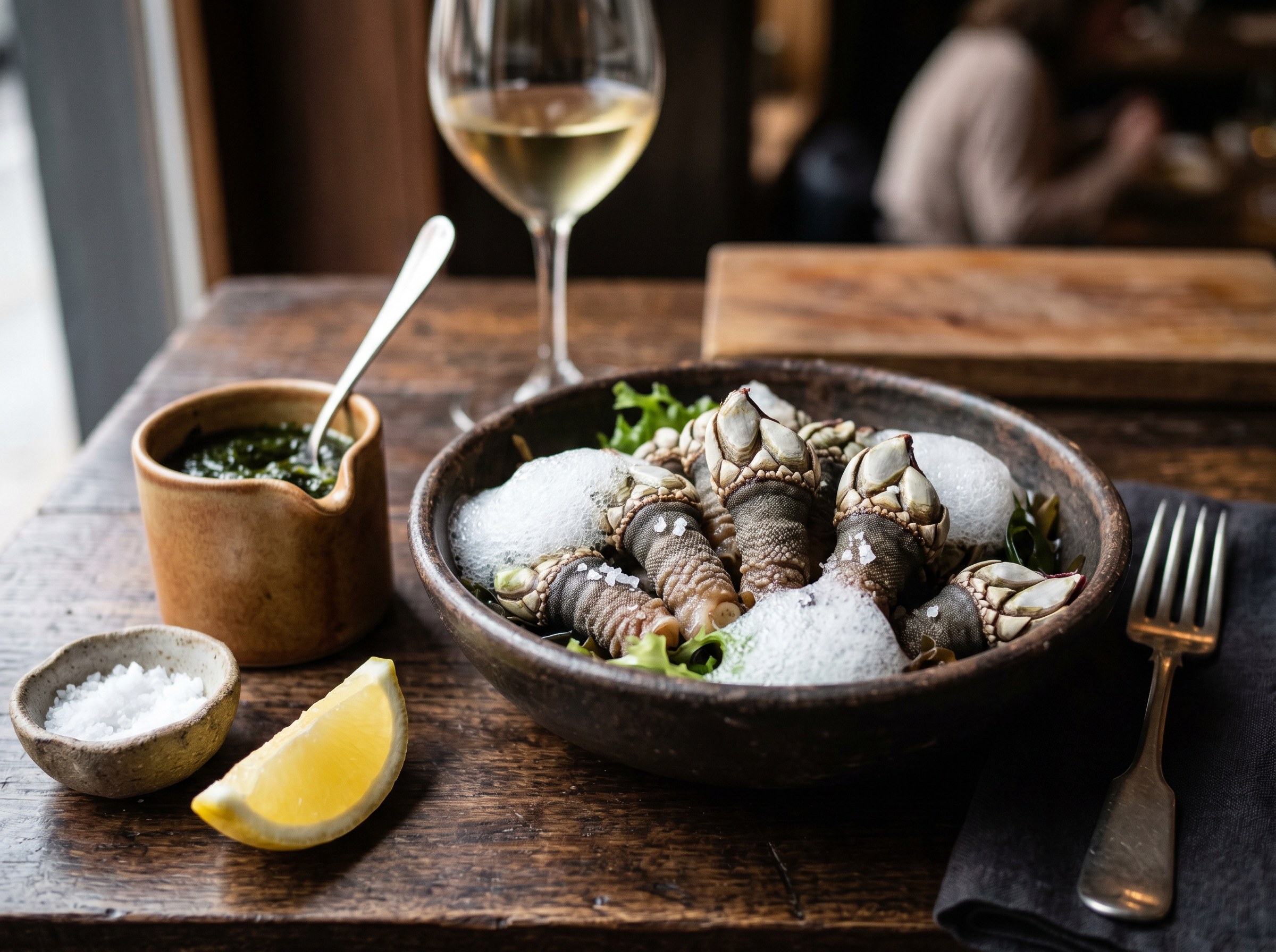 Emplatado de percebes con mantequilla de algas en jarrita y espuma de mar encima