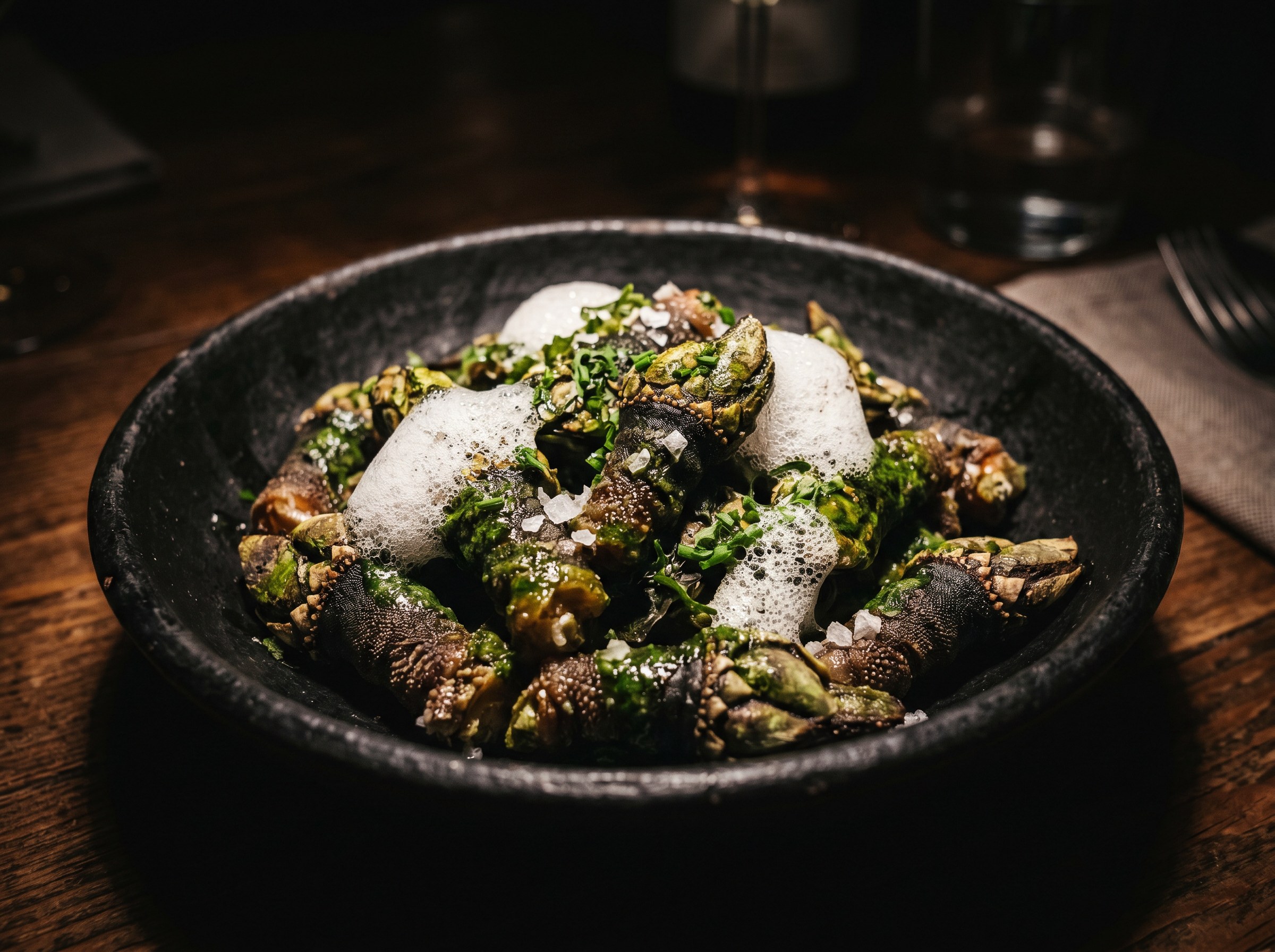 Percebes al vapor con mantequilla de algas y espuma de mar
