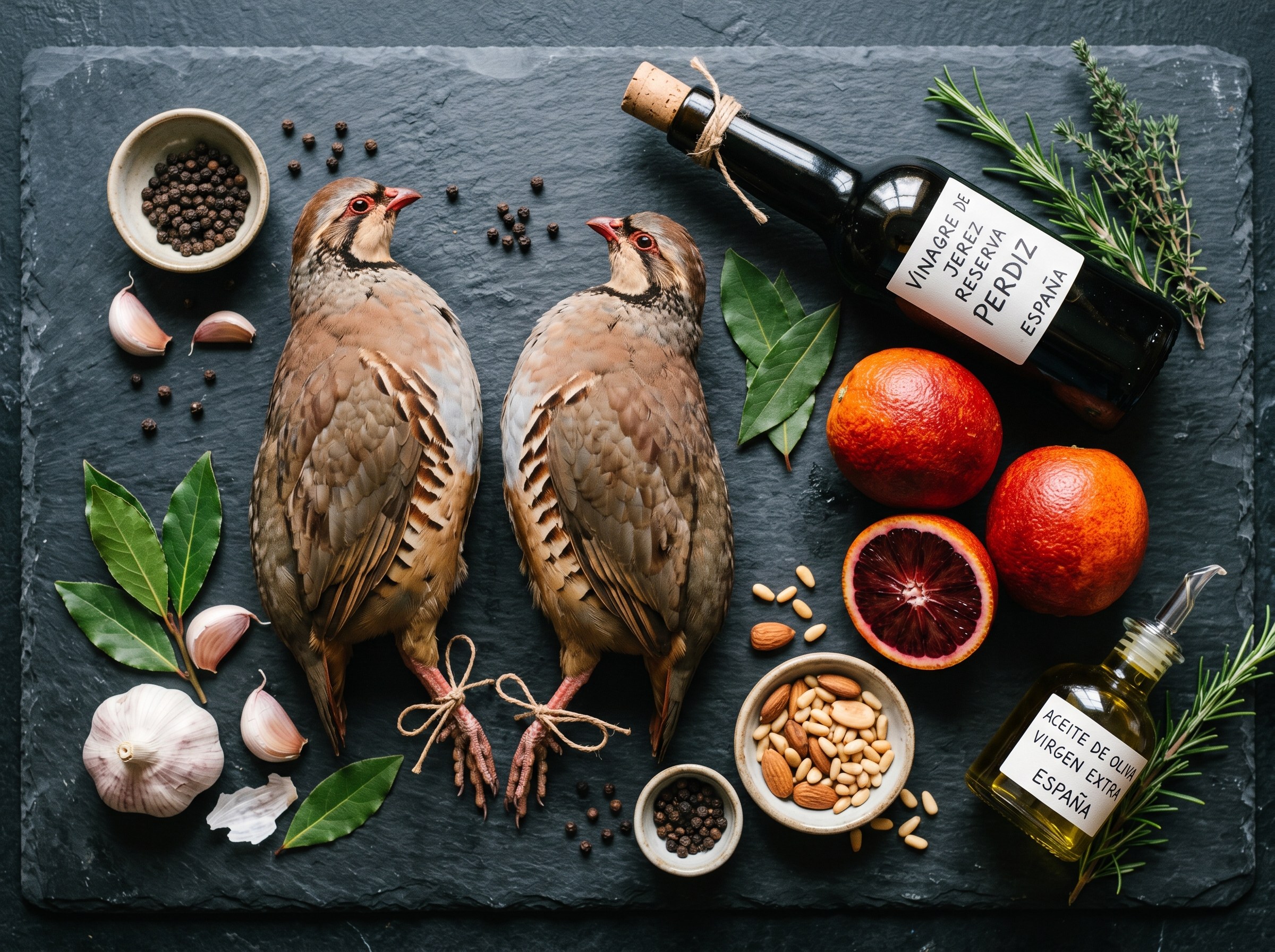 Ingredientes perdiz escabechada: perdices, naranja sanguina, vinagre Jerez, frutos secos