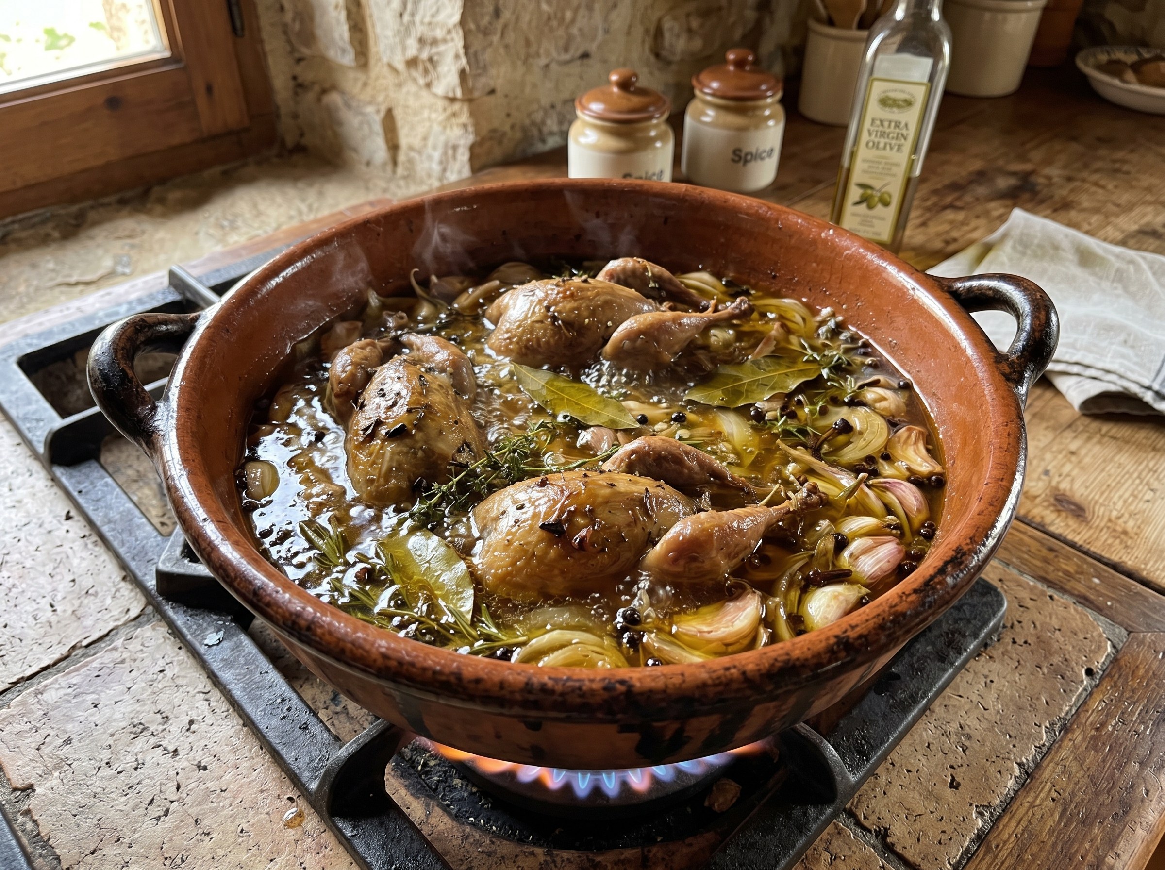 Perdices enfriando en su escabeche — mínimo 24h de reposo