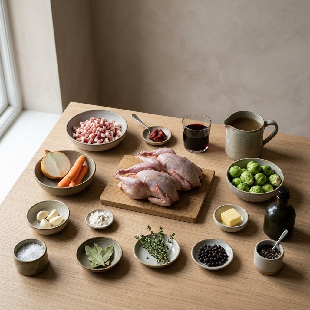 Mise en place: perdices, panceta, mirepoix, vino tinto, coles de Bruselas y bayas de enebro sobre superficie neutra