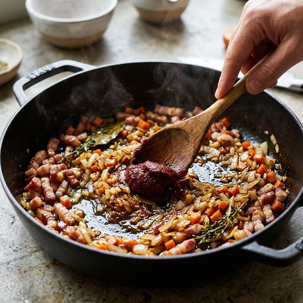 Sofrito de panceta, cebolla, zanahoria y ajo con tomate concentrado en la cazuela