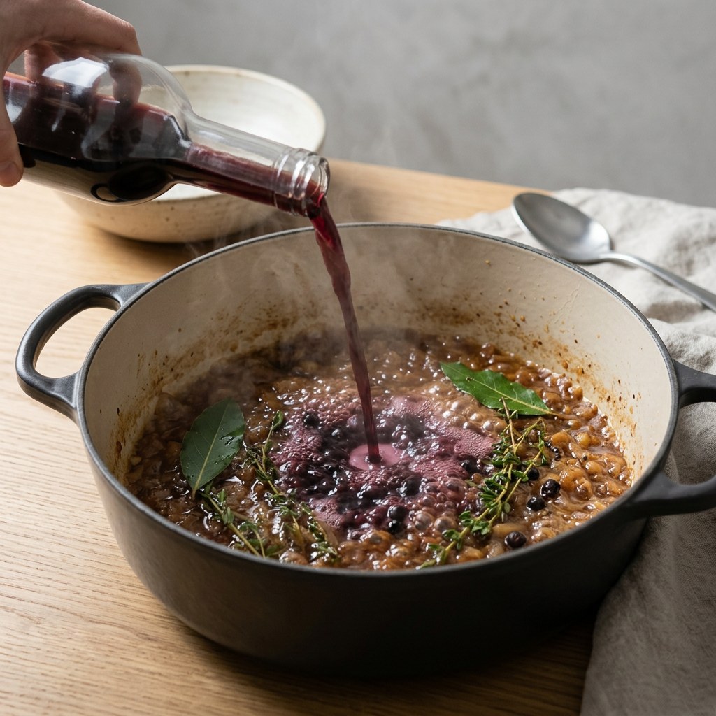 Vino tinto desglasando la cazuela con laurel, tomillo y bayas de enebro