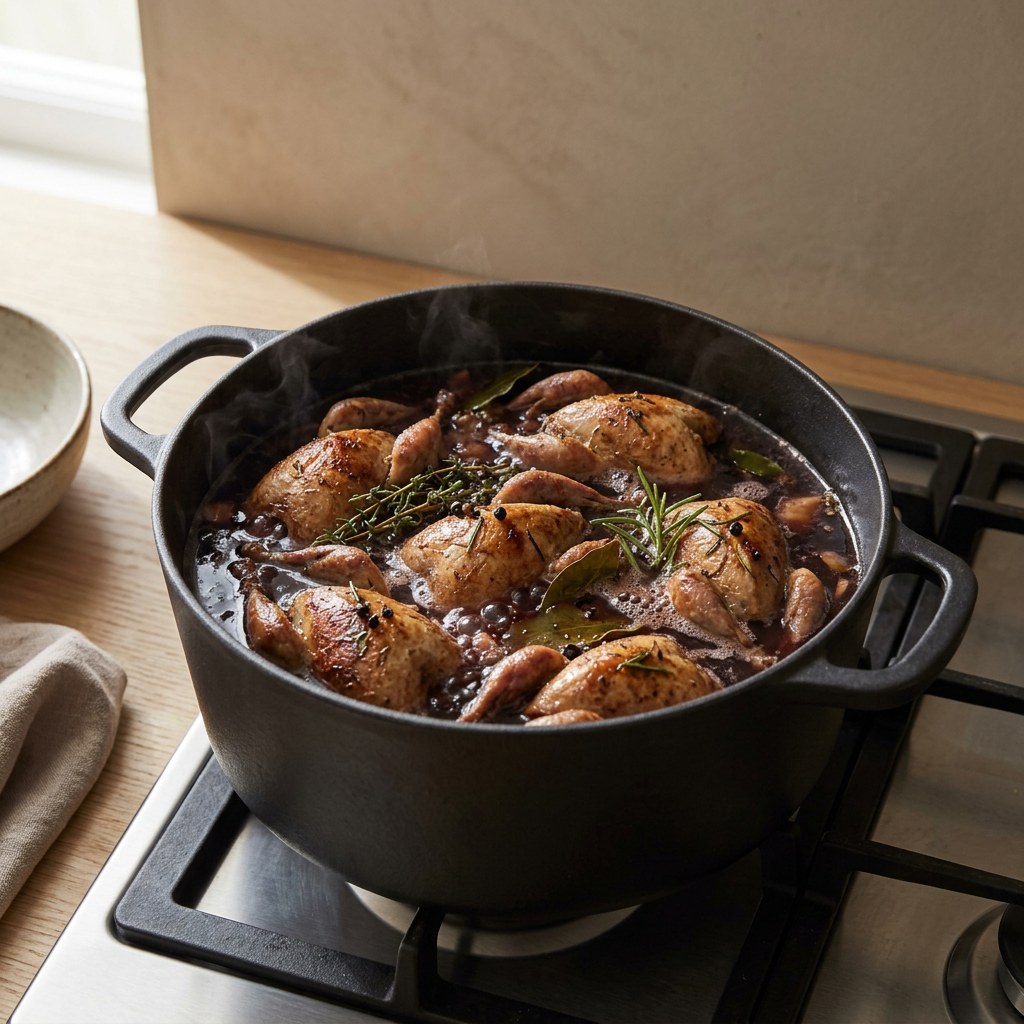 Perdices braseándose sumergidas en caldo y vino en la cocotte tapada