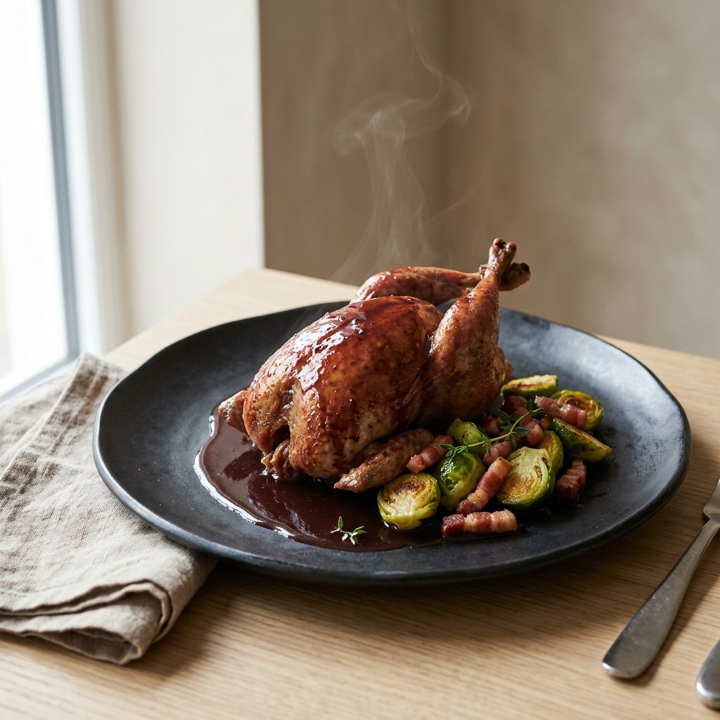 Braised red partridge with glossy red wine sauce, caramelized Brussels sprouts and crispy pancetta on a matte black plate, soft left window light, faint steam, fine dining presentation