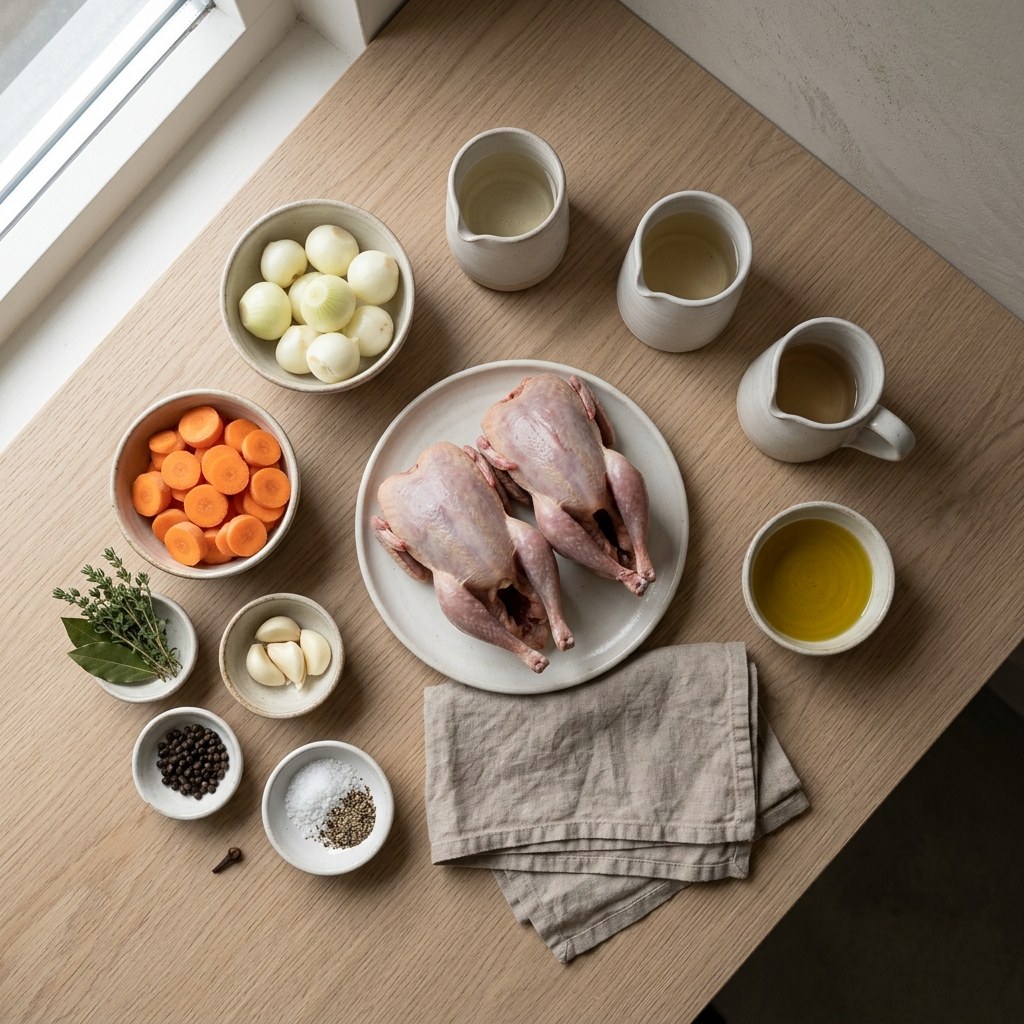 Mise en place: perdices, cebollitas, zanahorias, ajos, vino blanco, vinagre, aceite y especias sobre superficie neutra