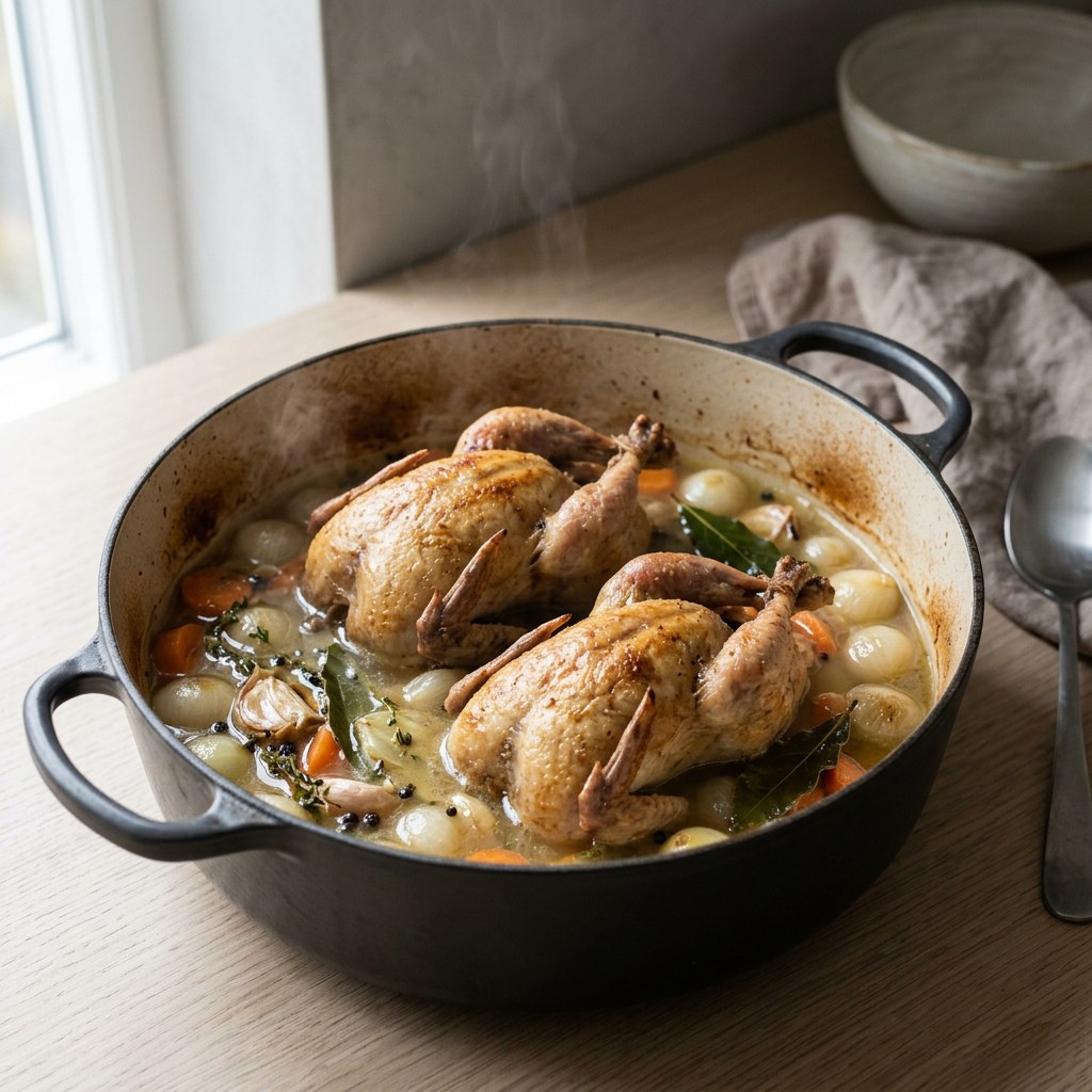 Perdices braseándose sumergidas en el escabeche en la cocotte tapada