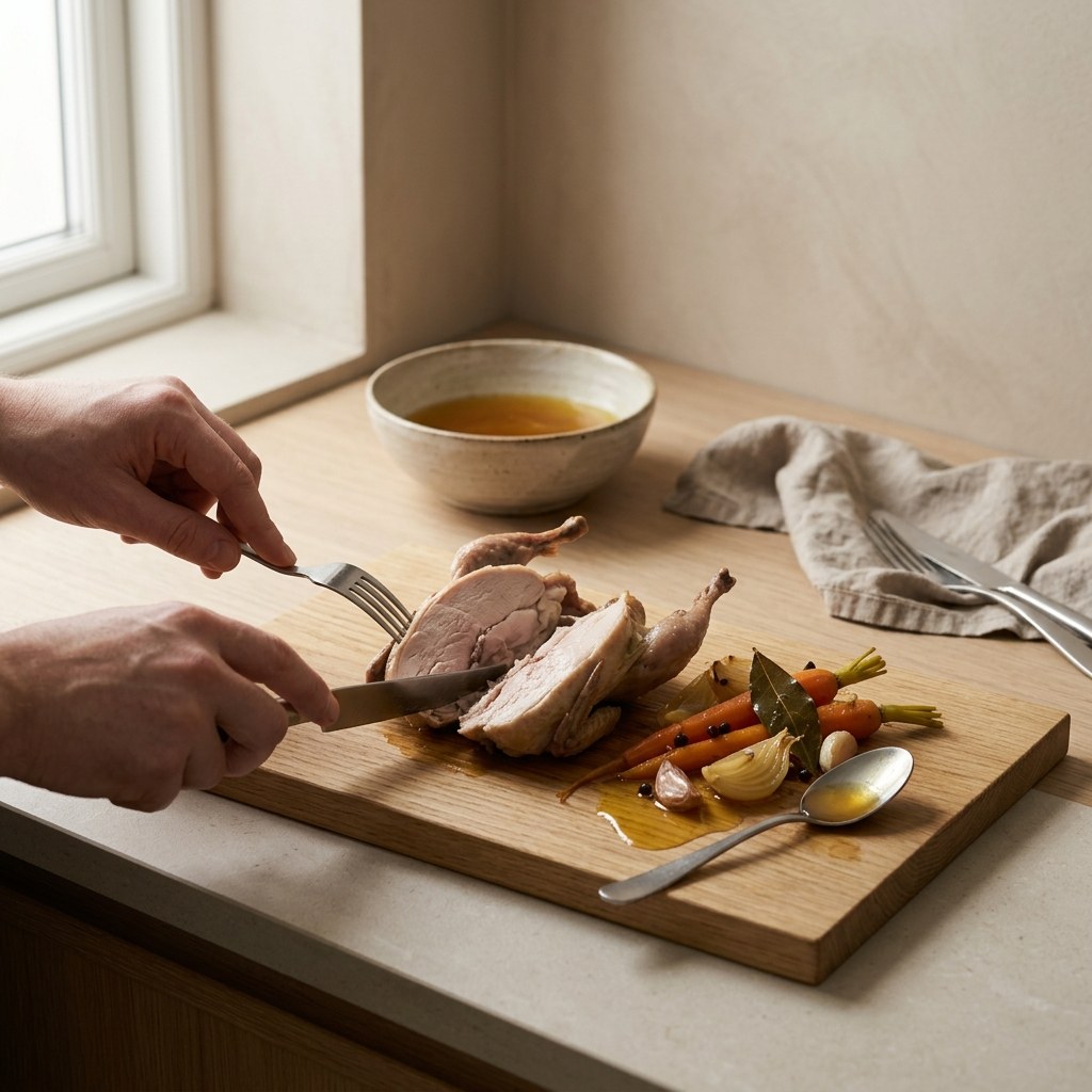 Perdiz templada abierta junto a las verduras confitadas del escabeche