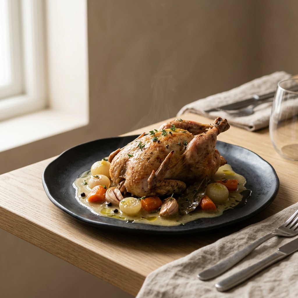 Red partridge a la toledana resting in a warm escabeche with carrots, baby onions, garlic, bay leaves and peppercorns on a matte black plate, soft left window light, fine dining presentation