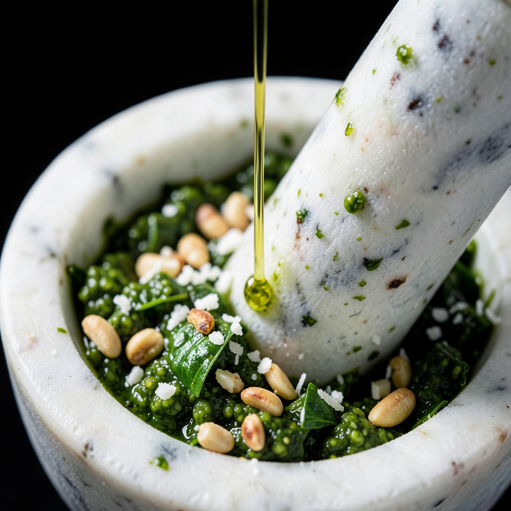 Macro del pesto siendo majado en mortero de mármol blanco — albahaca verde esmeralda, piñones tostados, hilo de aceite de oliva dorado cayendo