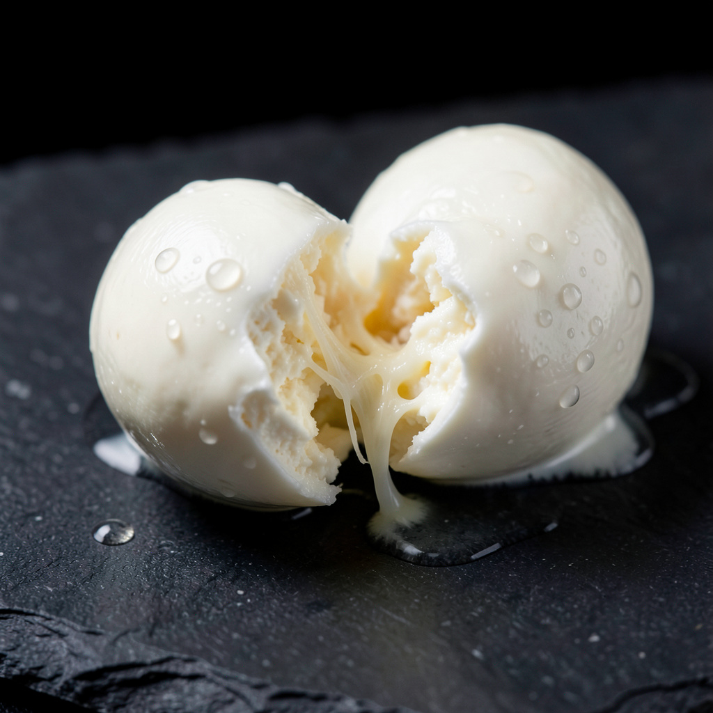 Mozzarella di bufala partida mostrando el interior cremoso y fibroso con suero fluyendo — textura a temperatura ambiente, pizarra negra