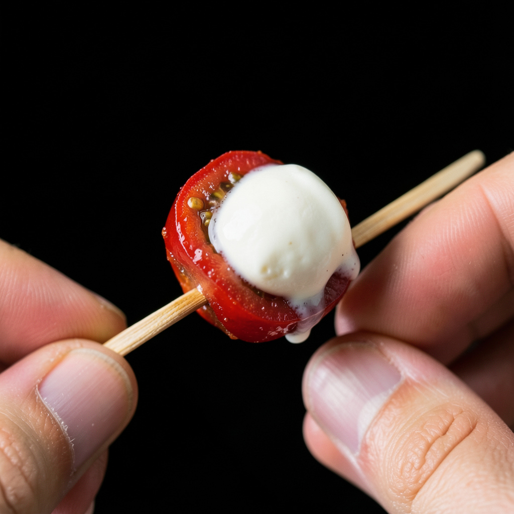 Manos montando el palillo con tomate cherry confitado y perla de mozzarella di bufala sobre fondo negro