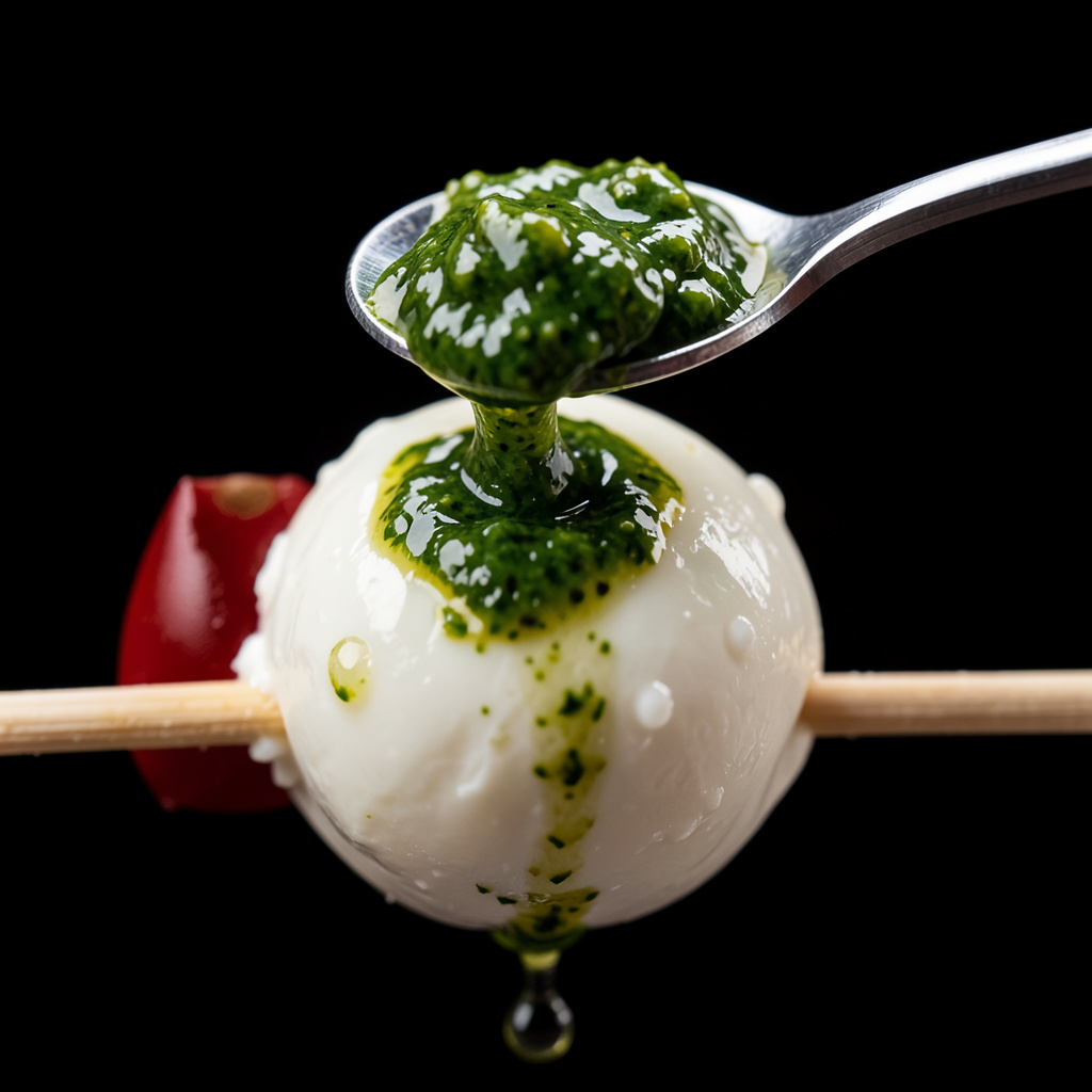 Macro espectacular del pesto verde esmeralda cayendo desde cucharilla sobre la perla blanca de mozzarella en el palillo — tomate rojo visible al fondo